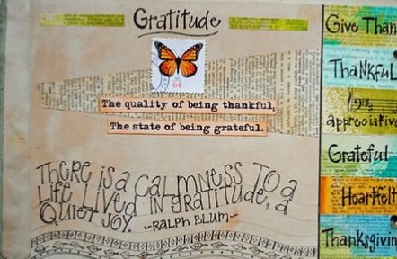 Art journal page with the word Gratitude, a butterfly stamp, and handwritten quotes about thankfulness and joy.