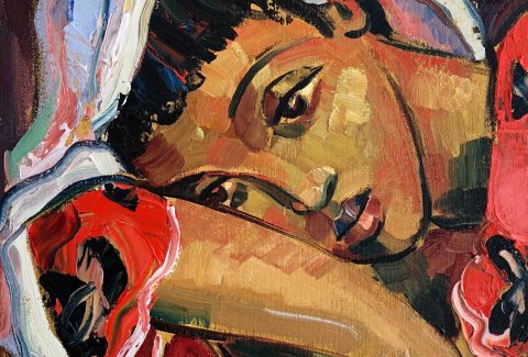 A painted portrait of a woman resting her head on her arm, rendered in rich brushstrokes of red, gold, and earthy tones, conveying emotion, contemplation, and quiet resilience.