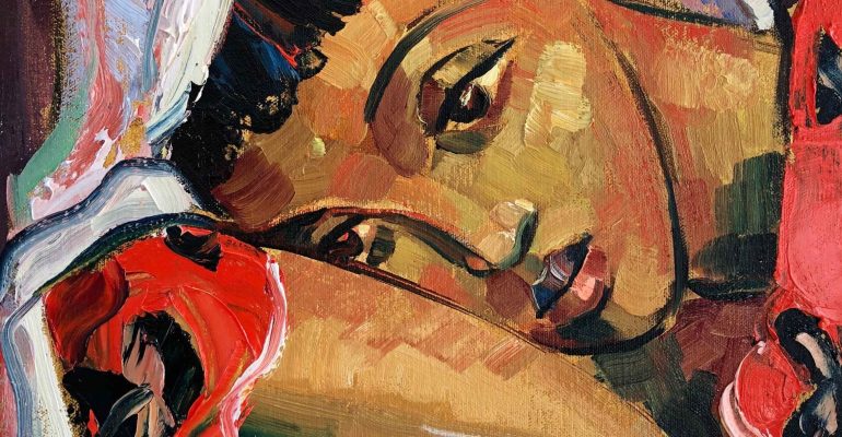 A painted portrait of a woman resting her head on her arm, rendered in rich brushstrokes of red, gold, and earthy tones, conveying emotion, contemplation, and quiet resilience.