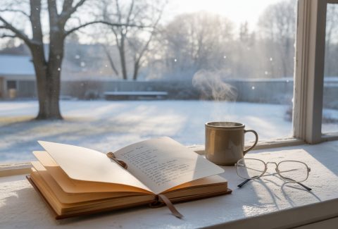 Quiet winter scene with a journal by a window, representing reflection and emotional wellness