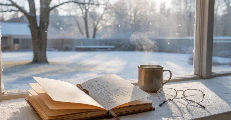 Quiet winter scene with a journal by a window, representing reflection and emotional wellness