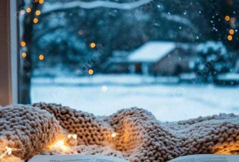 Cozy winter reading nook with an open book by a snowy window, evoking calm, reflection, and holiday contemplation