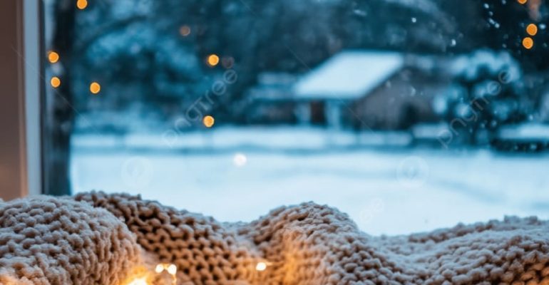 Cozy winter reading nook with an open book by a snowy window, evoking calm, reflection, and holiday contemplation