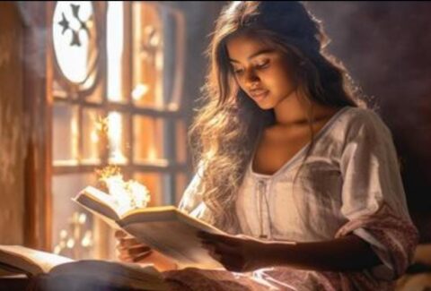 A woman reading a book beside a journal, representing reflection, Women's History Month, and the transformative power of literature.