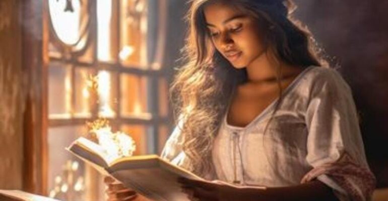 A woman reading a book beside a journal, representing reflection, Women's History Month, and the transformative power of literature.