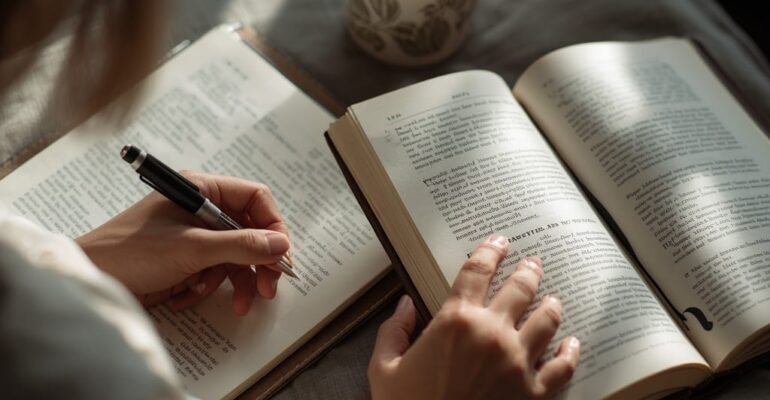 A person writing in a journal beside an open book, symbolizing reflection, courage, and the power of finding one's voice through reading.